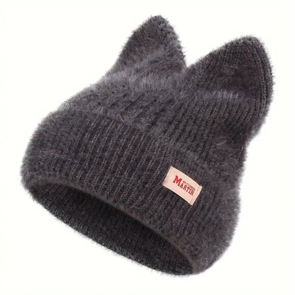Dark Grey Knit Beanie with Cat Ears - Picture 2 of 2